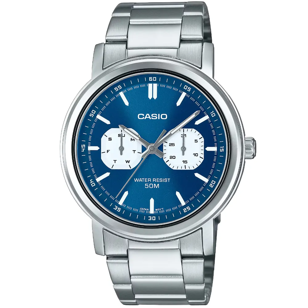 【CASIO 卡西歐】卡西歐大錶徑石英鋼帶男錶-藍(MTP-E335D-2E1 公司貨全配盒裝)