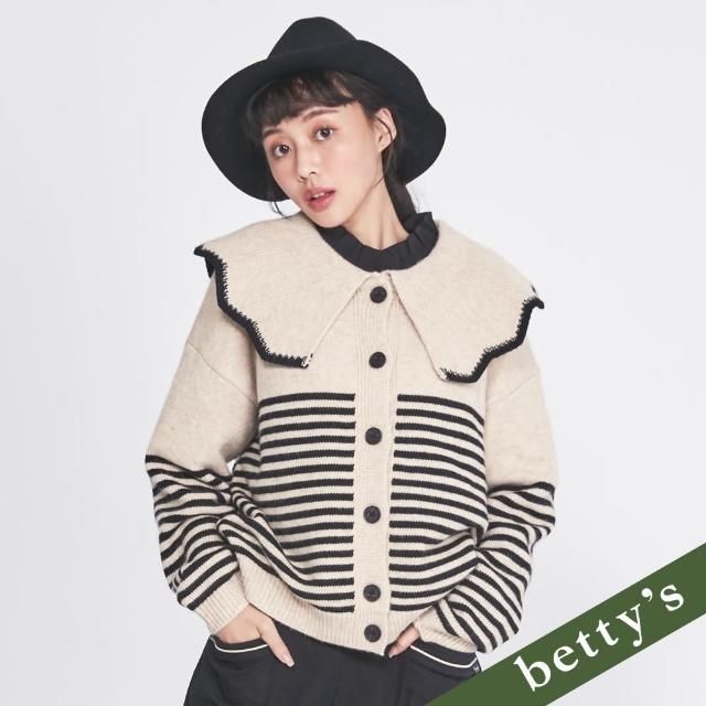 【betty’s 貝蒂思】荷葉邊翻領撞色條紋開襟毛衣(卡其)