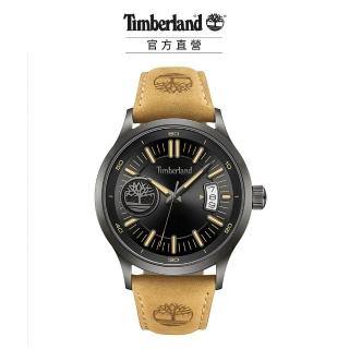 【Timberland】男錶TRUMBUL系列 復古LOGO腕錶 皮帶-黑/小麥色45mm(TDWGB0041006)