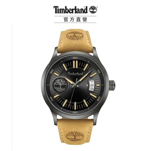 Timberland 男錶TRUMBUL系列 復古LOGO腕錶 皮帶-黑/小麥色45mm(TDWGB0041006)