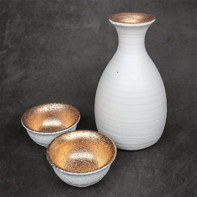 【福介商店】日本陶瓷 白粉引金 酒器組 1壺2杯(日本酒器 酒壺 豬口 酒杯 清酒)