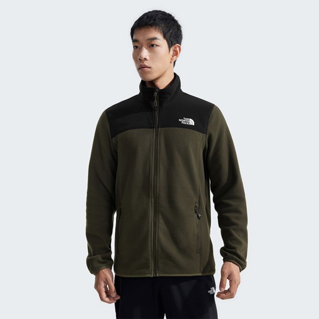 【The North Face】TNF 北臉 休閒 拼接 立領 抓絨外套 M 100 GLACIER FULL ZIP-AP 男 黑 綠(NF0A8AYKBQW)