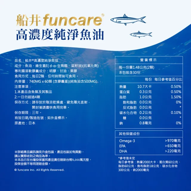 【funcare 船井生醫】97% Omega-3 日本進口rTG高濃度純淨魚油2入組-60顆/盒