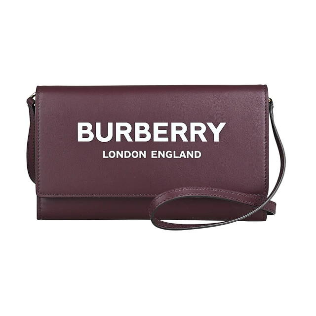 BURBERRY 巴寶莉 BURBERRY Hazelmere字母印花LOGO滑面牛皮吸釦式斜背長夾(酒紅)