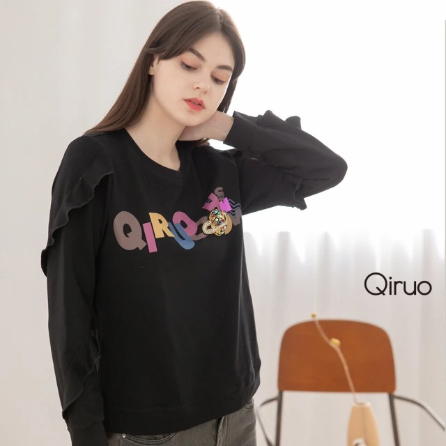 Qiruo 奇若名品 秋冬專櫃黑色上衣8099A 英文胸針荷葉(M-2XL)