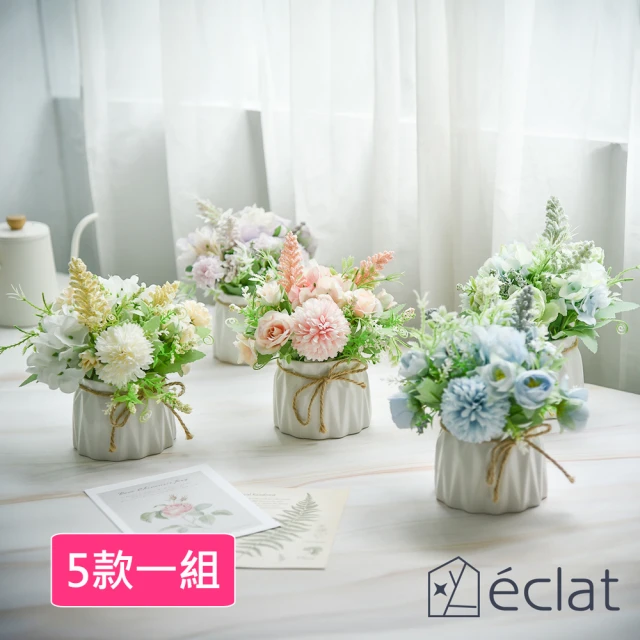 Eclat 北歐ins風仿真迷你療癒陶瓷麻繩小盆栽/桌面裝飾擺設/花藝擺件_5款一組(仿真植物 仿真綠植物)