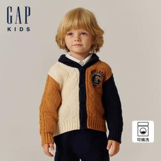 【GAP】男幼童裝 Logo純棉刺繡翻領針織外套-卡其色拼接(642753)
