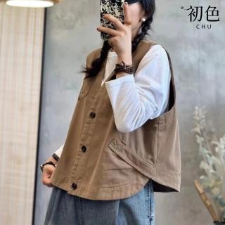 【初色】休閒風寬鬆純色單排釦V領馬甲背心女背心-共3色-37005(M-3XL可選)
