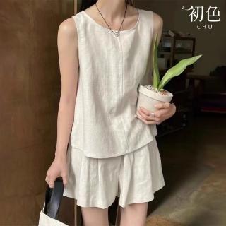 【初色】簡約寬鬆圓領無袖後釦背心上衣女上衣+休閒純色百搭透氣寬褲短褲-37003-共3色-37003(M-3XL可選)