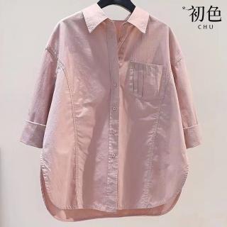 【初色】文藝風純色拼接單排釦胸口袋POLO領長袖落肩袖襯衫上衣女上衣-共3色-36996(M-3XL可選)