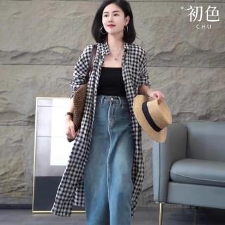 【初色】格紋格子翻領長袖長款襯衫遮陽防曬開衫罩衫外套女外套-黑白格紋-36987(M-2XL可選)