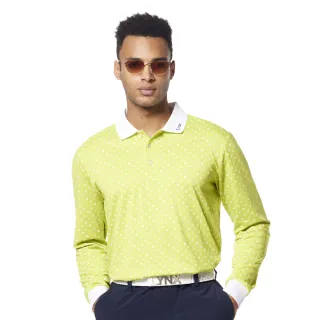 【Lynx Golf】男款吸濕排汗滿版Lynx字樣排列羅紋領繡花造型長袖POLO衫/高爾夫球衫(果綠色)