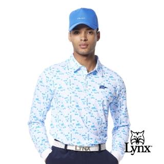 【Lynx Golf】男款吸濕排汗滿版方格印花左胸Lynx旗幟繡花款長袖POLO衫/高爾夫球衫(水藍色)