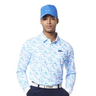 【Lynx Golf】男款吸濕排汗滿版方格印花左胸Lynx旗幟繡花款長袖POLO衫/高爾夫球衫(水藍色)