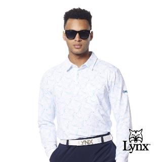 【Lynx Golf】男款吸濕排汗滿版波浪線條球桿組合印花胸袋款長袖POLO衫/高爾夫球衫(水藍色)