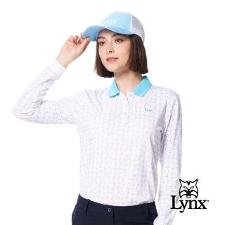 【Lynx Golf】女款吸濕排汗滿版立體方塊線條配色羅紋領Lynx繡花長袖POLO衫/高爾夫球衫(白色)