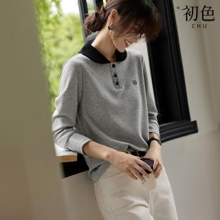 【初色】休閒風撞色刺繡單排釦翻領長袖T恤上衣女上衣-灰色-37143(M-3XL可選)