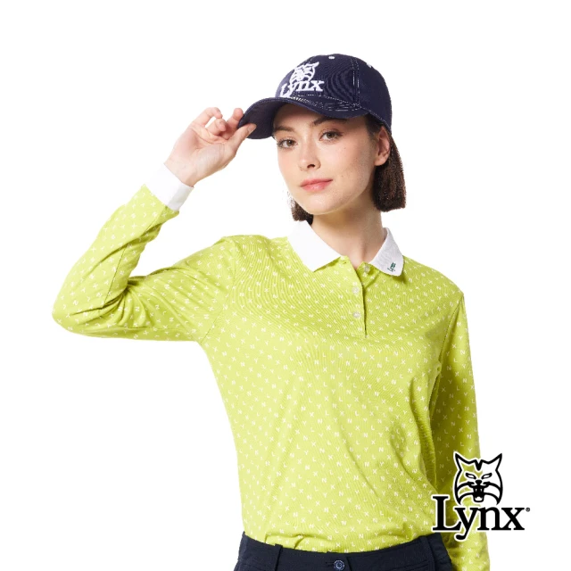 Lynx Golf 女款吸濕排汗滿版Lynx字樣排列羅紋領繡花造型長袖POLO衫/高爾夫球衫(果綠色)