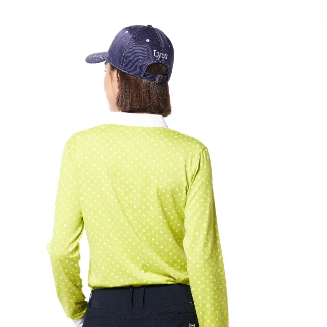 【Lynx Golf】女款吸濕排汗滿版Lynx字樣排列羅紋領繡花造型長袖POLO衫/高爾夫球衫(果綠色)