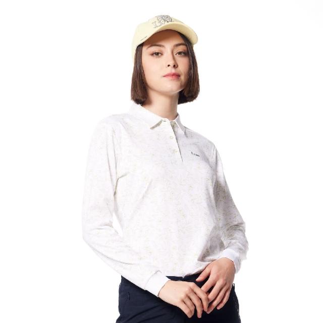 【Lynx Golf】女款吸濕排汗滿版花草葉木高爾夫元素線條印花繡花款長袖POLO衫/高爾夫球衫(草木綠色)