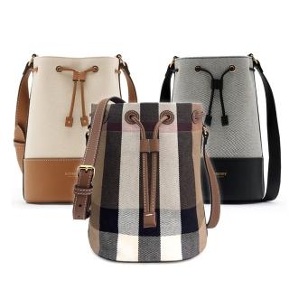 【BURBERRY 巴寶莉】經典棉麻帆布素面/格紋系列牛皮飾邊束繩肩背斜背水桶包(款式任選)