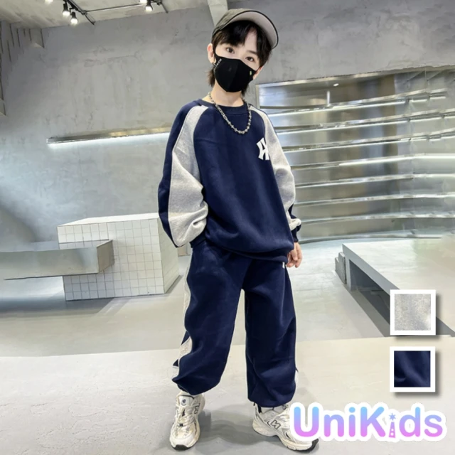 UniKids 中大童裝2件套裝字母長袖大學T運動長褲 男大童裝 VP8005(寶藍 灰)