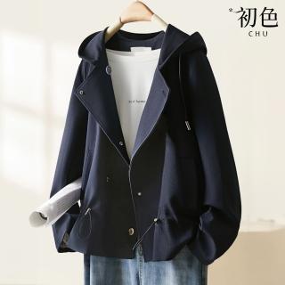【初色】寬鬆短款風衣西裝領長袖抽繩連帽外套女外套-藏藍色-37130(M-2XL可選)