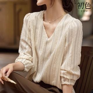 【初色】法式肌理感顯瘦V領七分袖長袖娃娃袖襯衫上衣女上衣-米色-37096(M-2XL可選)