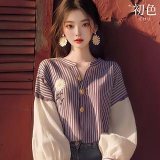 【初色】條紋拼接小花刺繡燈籠袖寬鬆圓領長袖襯衫上衣女上衣-紫色條紋-37100(M-3XL可選)