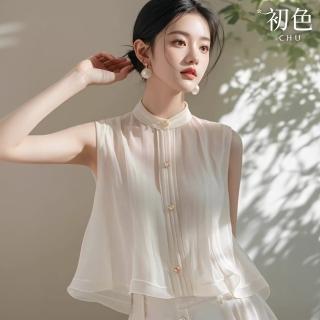 【初色】法式雪紡寬鬆立領無袖襯衫上衣女上衣-白色-37087(M-XL可選)