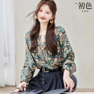 【初色】復古圖騰碎花印花圓領開襟V領長袖寬鬆襯衫T恤上衣女上衣-花色-37076(M-XL可選)