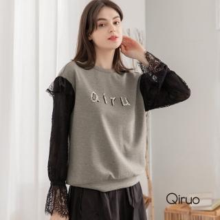 【Qiruo 奇若名品】秋冬專櫃灰黑上衣8075A 蕾絲長袖女裝(M-2XL)