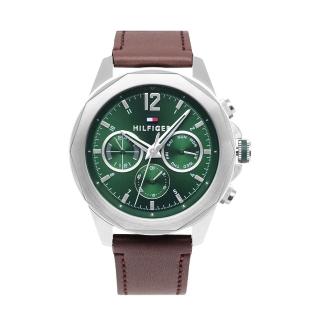 【Tommy Hilfiger】綠面 銀框 三眼日期顯示 紅棕色皮革錶帶 46mm 男錶 手錶 情人節(1792064)
