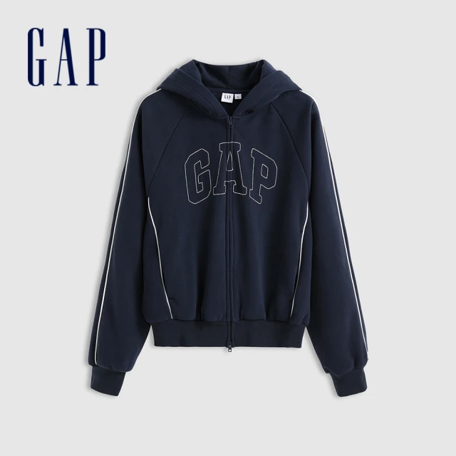 GAP 女裝 Logo刺繡刷毛圓領大學T 碳素軟磨系列-黑色