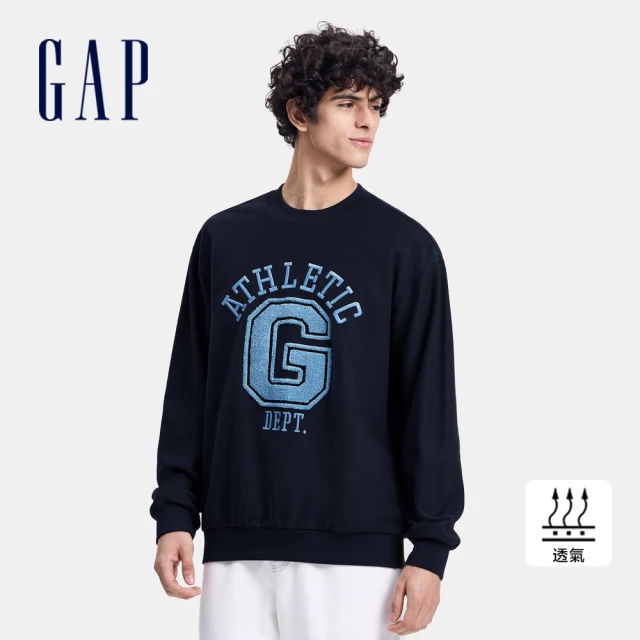 GAP 男裝 Logo刷毛圓領大學T 碳素軟磨系列-海軍藍(