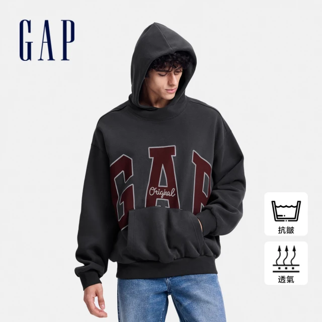 GAP 男裝 Logo印花刷毛帽T 碳素軟磨系列-深灰色(637863)