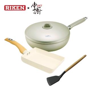 【RIKEN 理研】韓國製不沾平底鍋28cm+玉子燒18x13cm(贈 掌廚櫸木矽膠鏟)