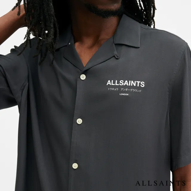 【ALLSAINTS】UNDERGROUND 人造絲LOGO夏威夷花襯衫-灰 M158SB(舒適版型)