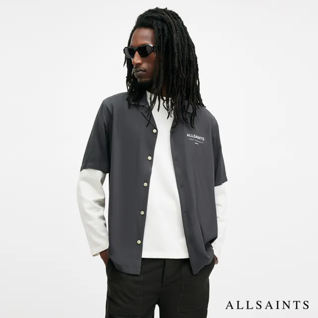 【ALLSAINTS】UNDERGROUND 人造絲LOGO夏威夷花襯衫-灰 M158SB(舒適版型)