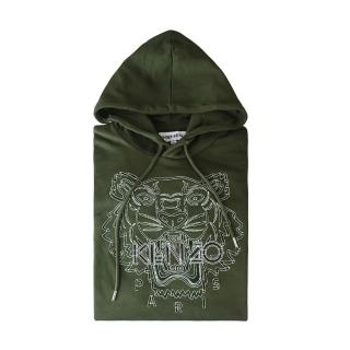 【KENZO】KENZO標籤LOGO純棉大虎頭刺繡連帽長袖帽T(男款/墨綠)