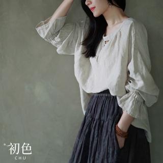 【初色】文藝風亞麻寬鬆圓領長袖開衫襯衫上衣女上衣-米白色-37039(M-2XL可選)