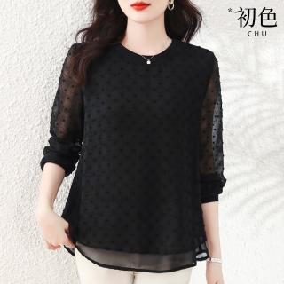 【初色】簡約雪紡拼接寬鬆圓領長袖襯衫雪紡衫T恤小衫上衣女上衣-黑色-37048(M-4XL可選)