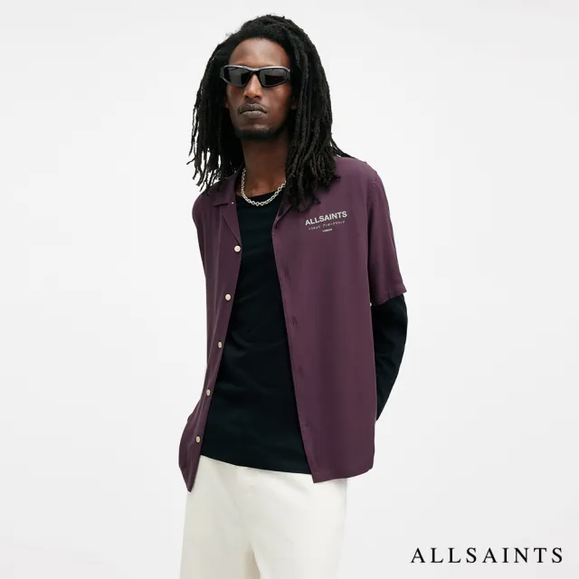 【ALLSAINTS】UNDERGROUND 人造絲LOGO夏威夷花襯衫-紫 M158SB(舒適版型)