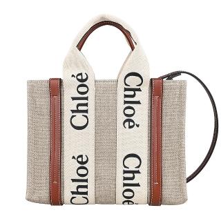 【Chloe’ 蔻依】Chloe Woody經典品牌LOGO設計亞麻帆布小牛皮手提肩背斜背托特包(小/白x棕)
