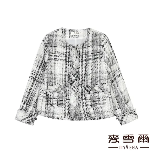【MYVEGA 麥雪爾】小香風織紋抽鬚珍珠釦西裝外套-白