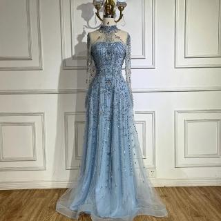 【女神婚紗禮服】奢華優雅釘珠透紗蕾絲長袖高領A字小魚尾晚禮服LA72704寶貝藍(派對婚宴晚會 拉鍊款晚禮服)