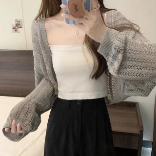 【D.studio】韓版薄寬鬆燈籠袖冰絲外套(上衣女裝衣服長袖上衣 短版外套 針織上衣薄外套罩衫防曬外套 J337)