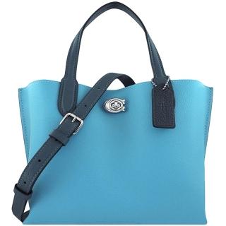 【COACH】Willow Tote 24 專櫃款荔枝紋皮革撞色手提/斜背兩用包(藍色)