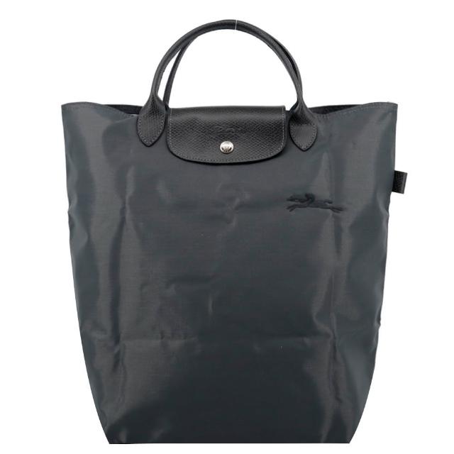 LONGCHAMP LE PLIAGE GREEN系列刺繡短把再生尼龍手提包 中 石墨灰