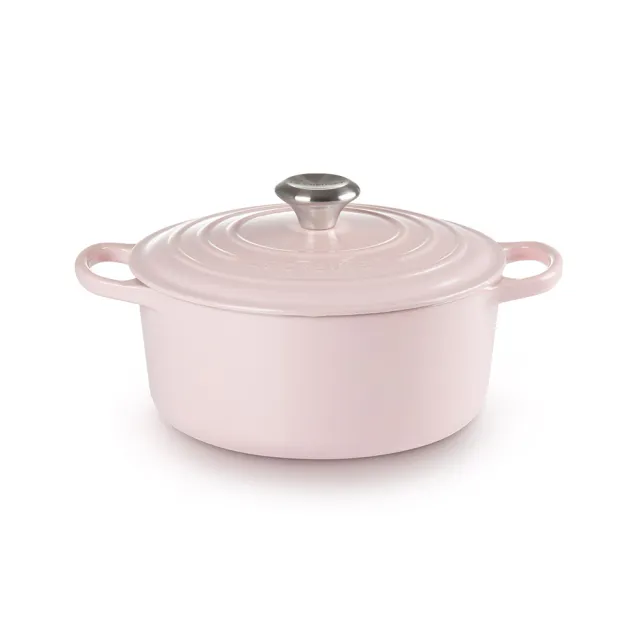 【Le Creuset】典藏琺瑯鑄鐵鍋圓鍋 24cm(雪紡粉-鋼頭-內鍋白)